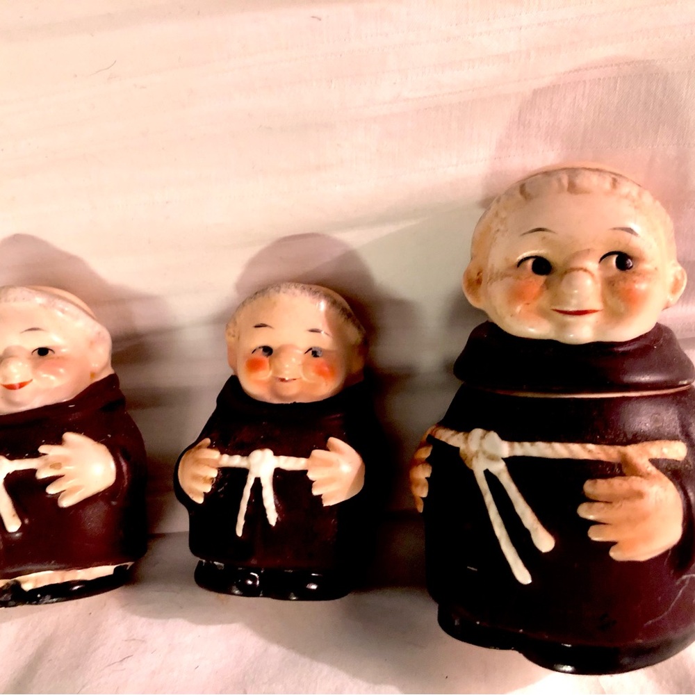 Set of Vintage,  1960s Goebel Monk Figurines Sugar, Walt and peppermint shakers